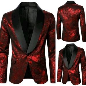 Brocade Mens Smoking Jacket Lounge Jaquard Button Sateen Blazer 44 XL Burgundy
